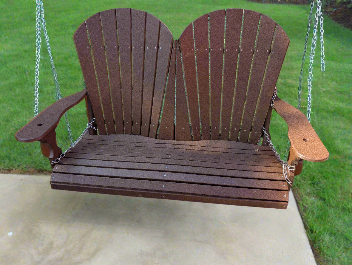 Rustic brown poly porch swing with contoured barrel back and wide seat