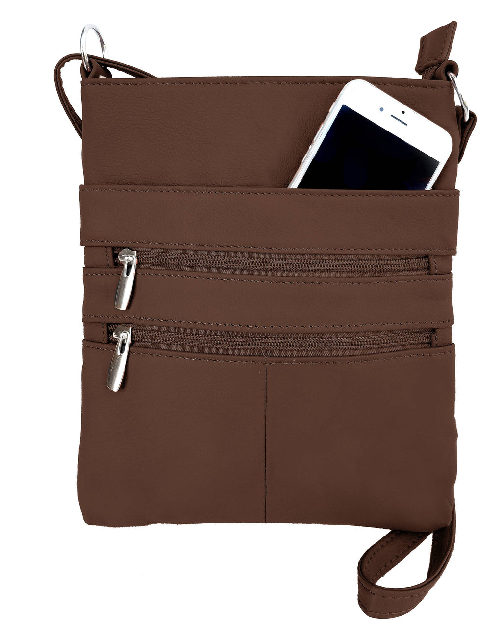 Brown crossbody bag with multiple zippers and a phone inside on a white background