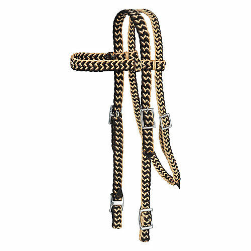Braided horse bridle with metal hardware on a white background