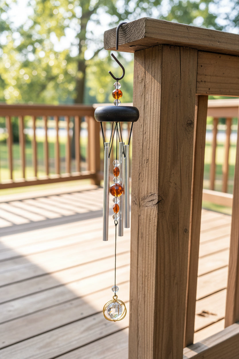 Decorative wind chime hanging on a deck