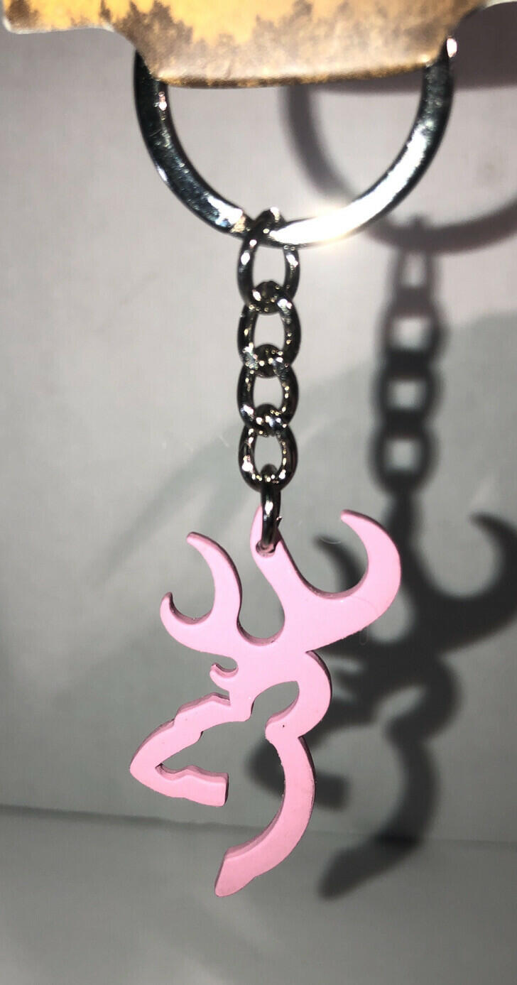 Browning Buckmark Keychain, Pink, 2" with a gray background
