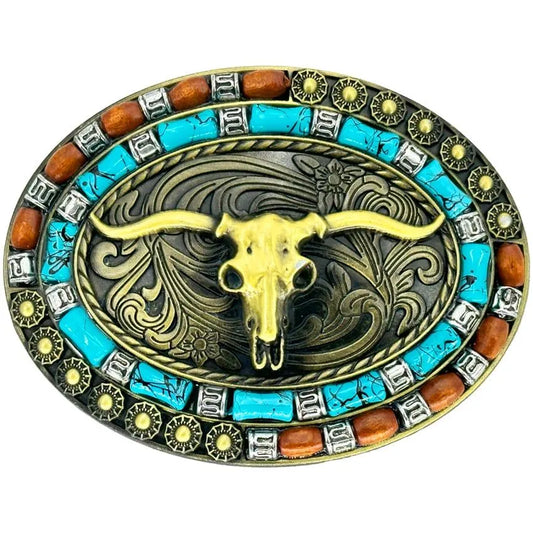 Bull Design Turquoise and Brown Beaded Western Belt Buckle