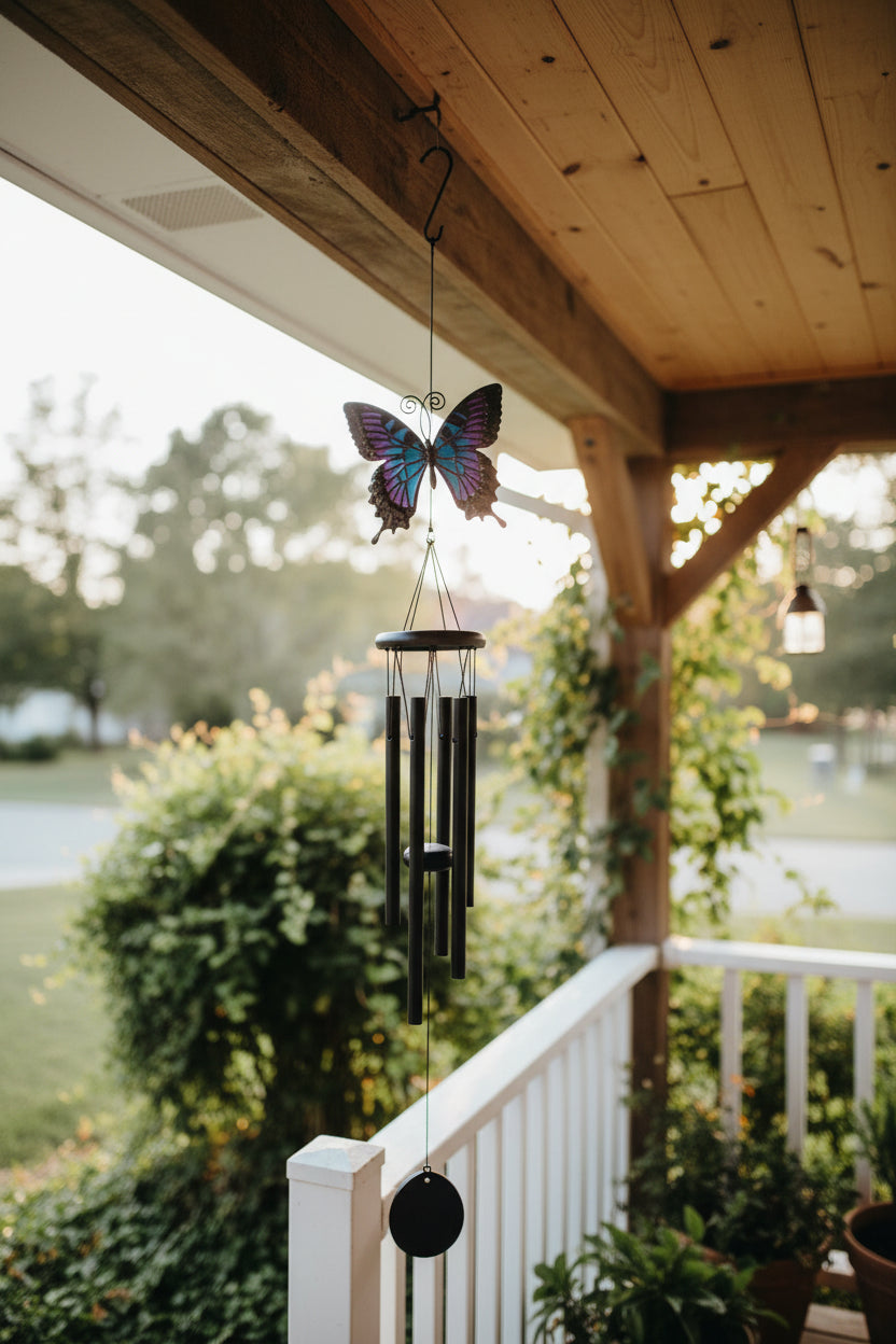 Purple Butterfly windchime hanging on a porch