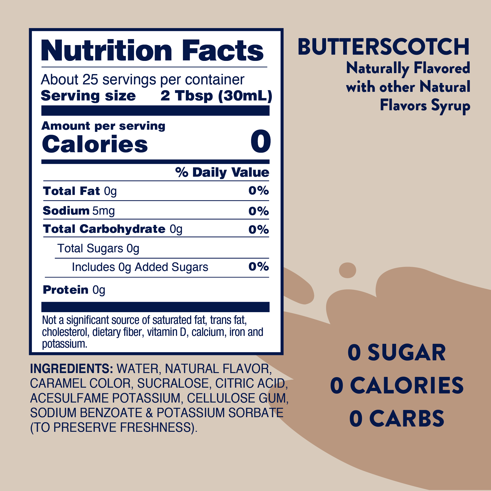 Nutrition facts label for Jordan's Skinny Mix butterscotch flavor.