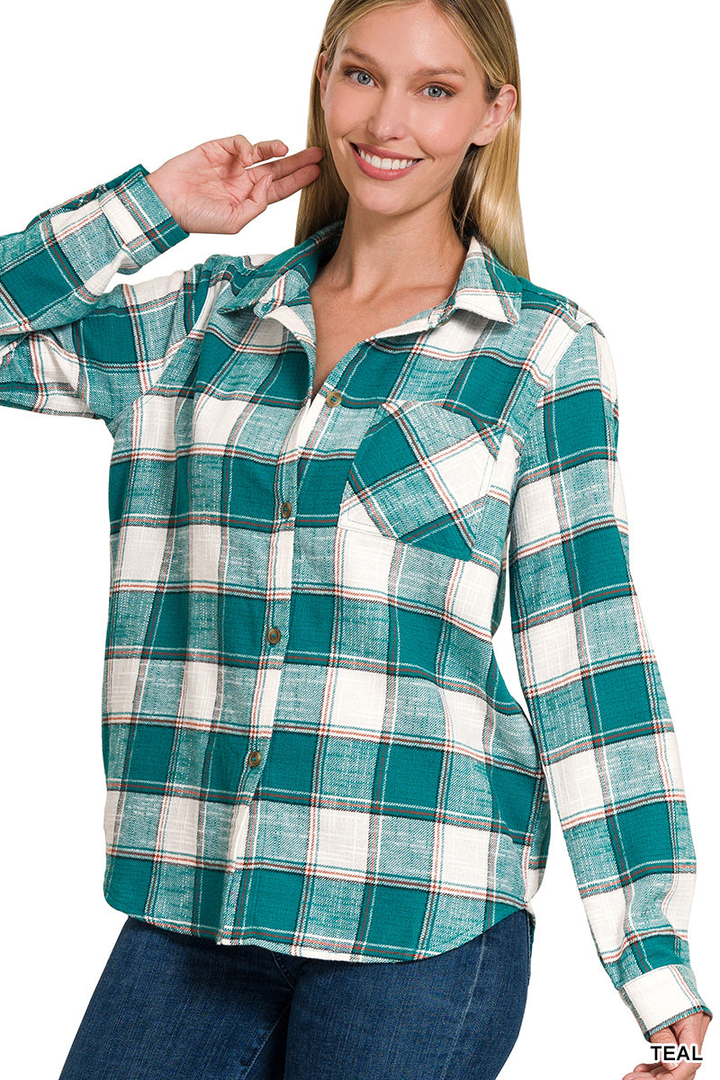 Zenana COTTON PLAID SHIRT WITH FRONT POCKET