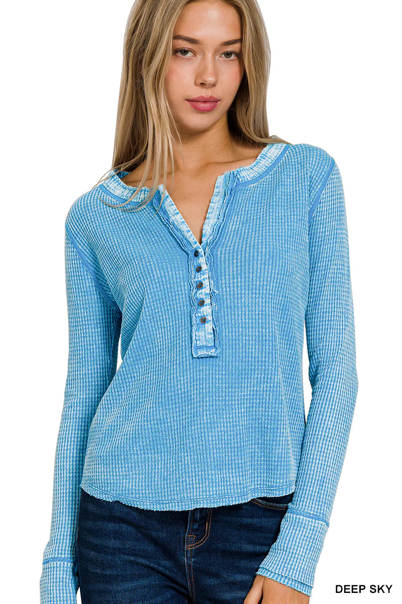 Zenana Mineral Washed Thermal Boxy Henley – Long Sleeve Cotton Top