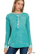 Zenana Mineral Washed Thermal Boxy Henley – Long Sleeve Cotton Top