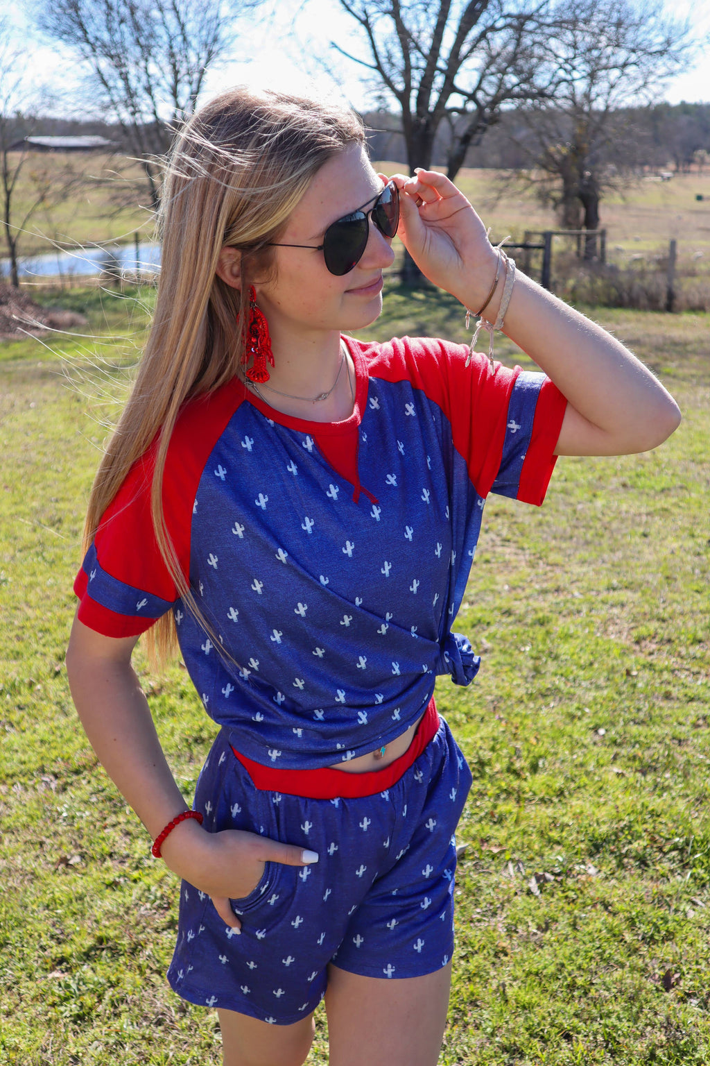 Red, White, Blue Drawstring Shorts, Casual Southwestern shorts