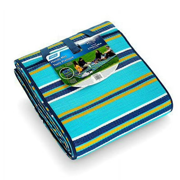 Blue and yellow striped picnic mat 