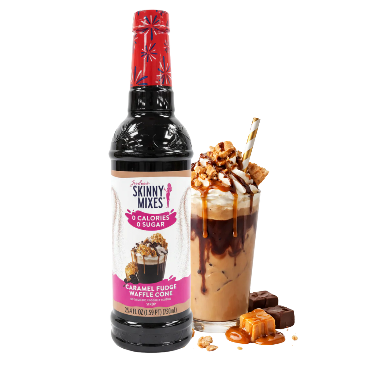  Skinny Mixes Caramel Fudge Waffle Cone syrup with a glass of iced coffee and toppings.