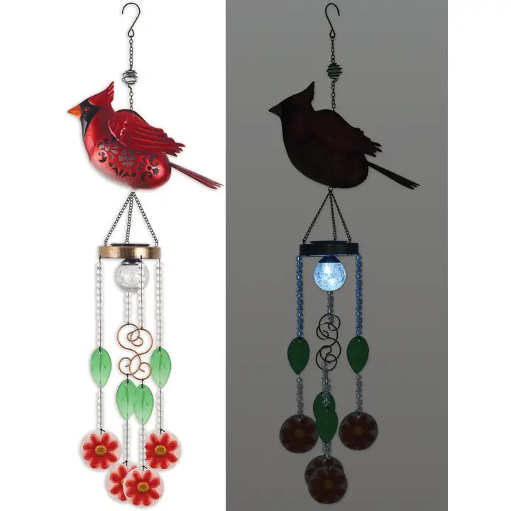 Solar-powered wind chime with red cardinal bird and colorful beads 
