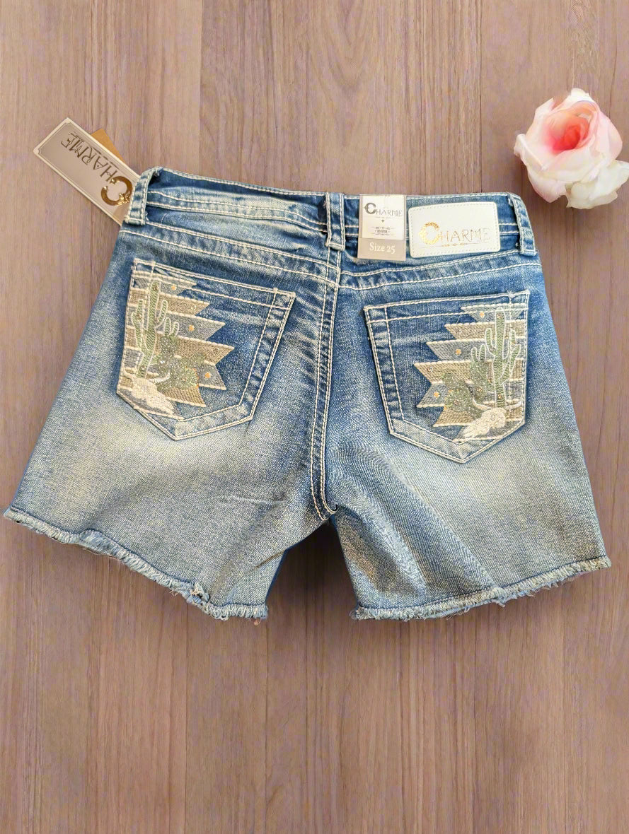  Embroidered Mid Rise Jean Shorts
