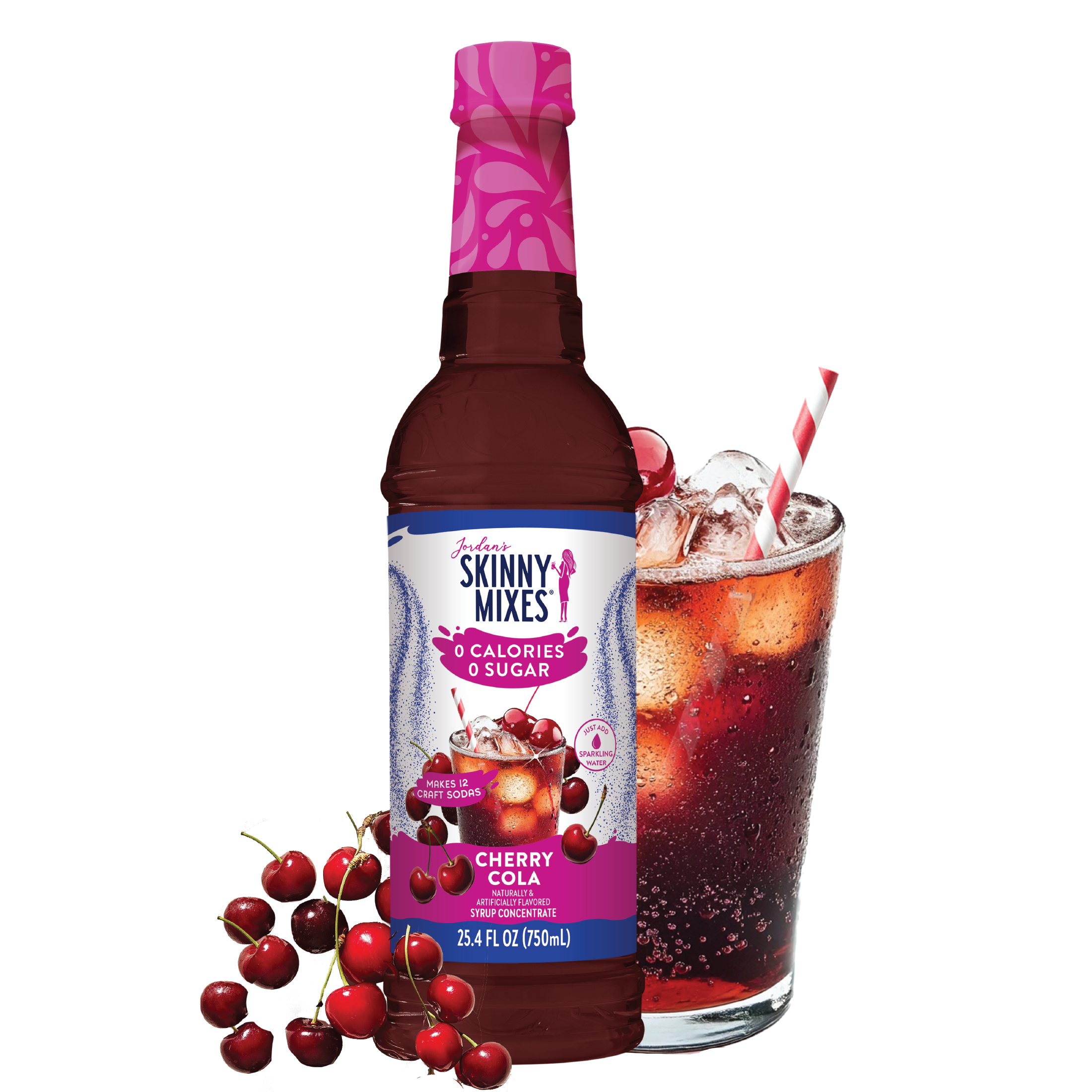 Bottle of Skinny Mixes Cherry Cola syrup with a glass of cherry cola and cherries on a white background
