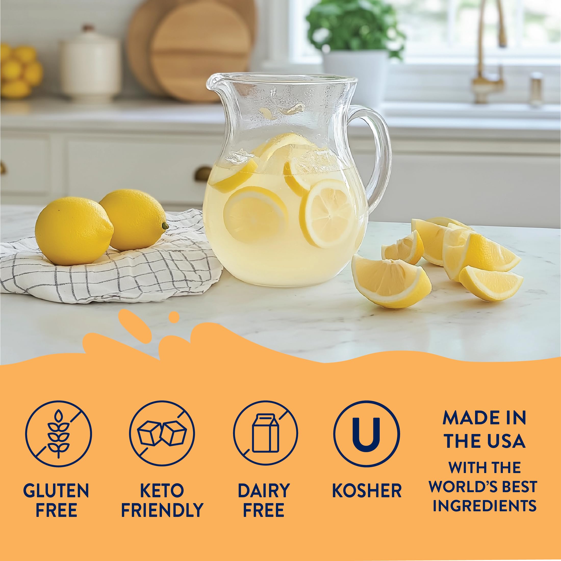 Lemonade syrup being poured into a glass of sparkling water with lemon slices.