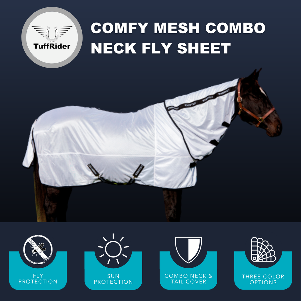 Horse wearing a TuffRider comfy mesh combo neck fly sheet