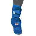 Blue Contoured Mesh Rip Resistant Fly Boots on a horse leg front view