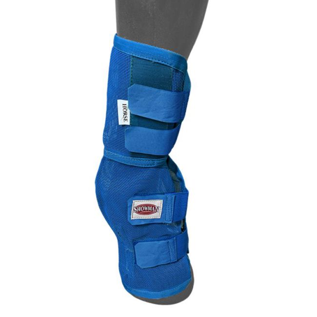 Blue Contoured Mesh Rip Resistant Fly Boots on a horse leg front view