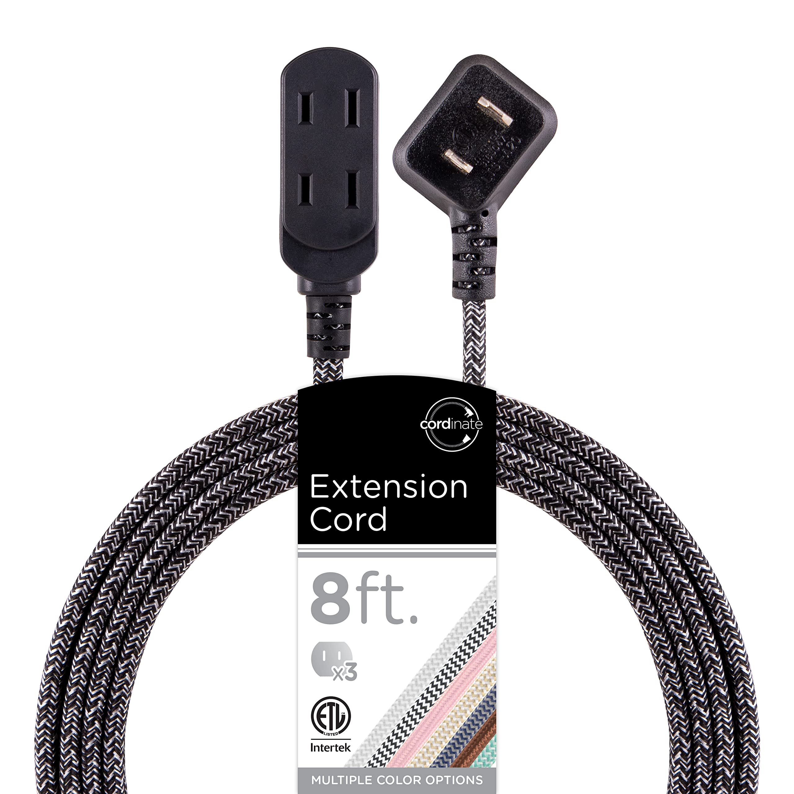 
Cordinate Extension Cord, 8 Ft, 3-Outlet Flat Plug, Braided with Multiple Outlets, 2 Prong, Safety Slide 125V
