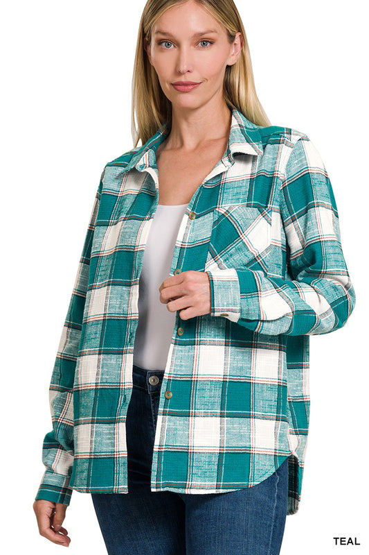 Zenana COTTON PLAID SHIRT WITH FRONT POCKET