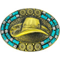 Cowboy Hat Design Turquoise Beaded Western Belt Buckle with a white back ground