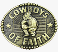 Bronze belt buckle with cowboy figure and 'Cowboys of Faith' text on a white background