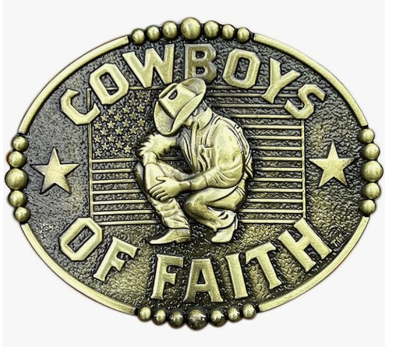 Bronze belt buckle with cowboy figure and 'Cowboys of Faith' text on a white background