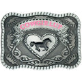 Western silver belt buckle with pink Cowgirl Up lettering, heart, and horse design.