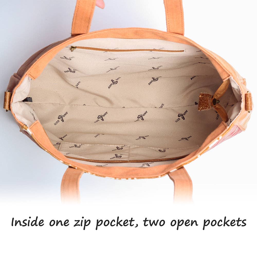 Open tote bag showing interior with one zip pocket and two open pockets on a light gray background.