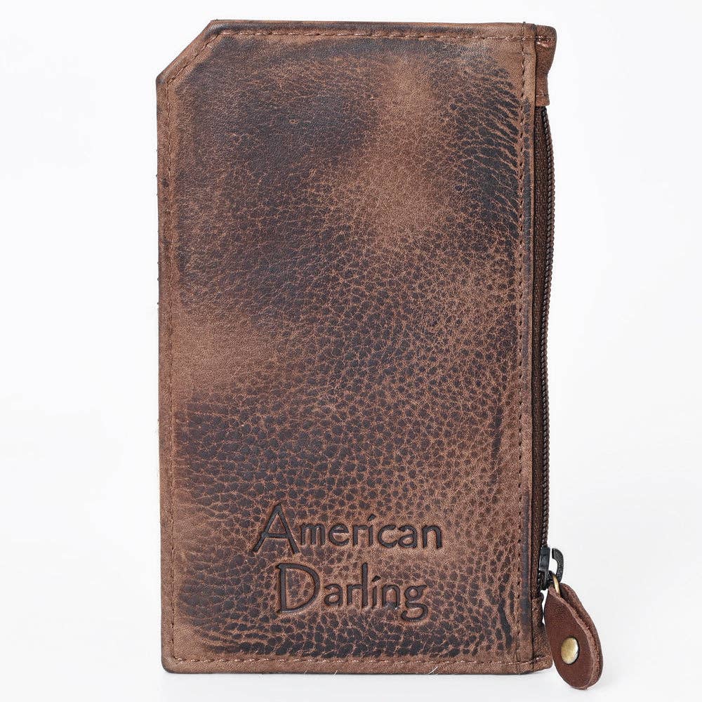 Brown leather caed holder wallet with 'American Darling' engraving on a white background