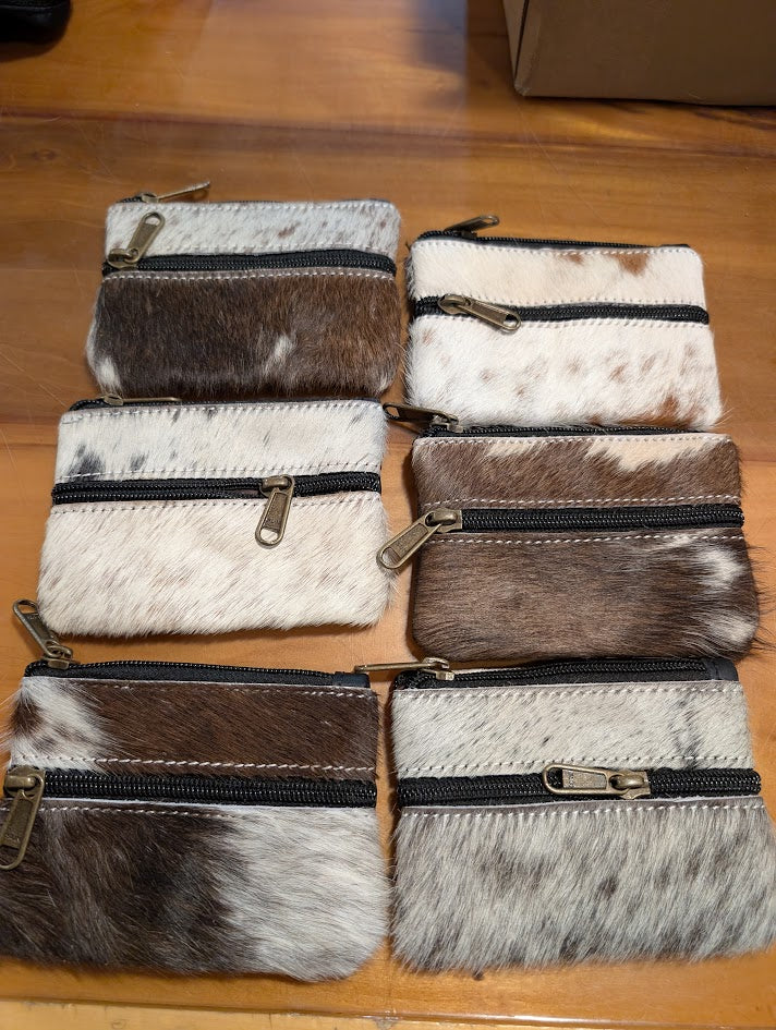 Cowhide Leather Coin Purse – 2 Pocket Western Zip Pouch on wood surface