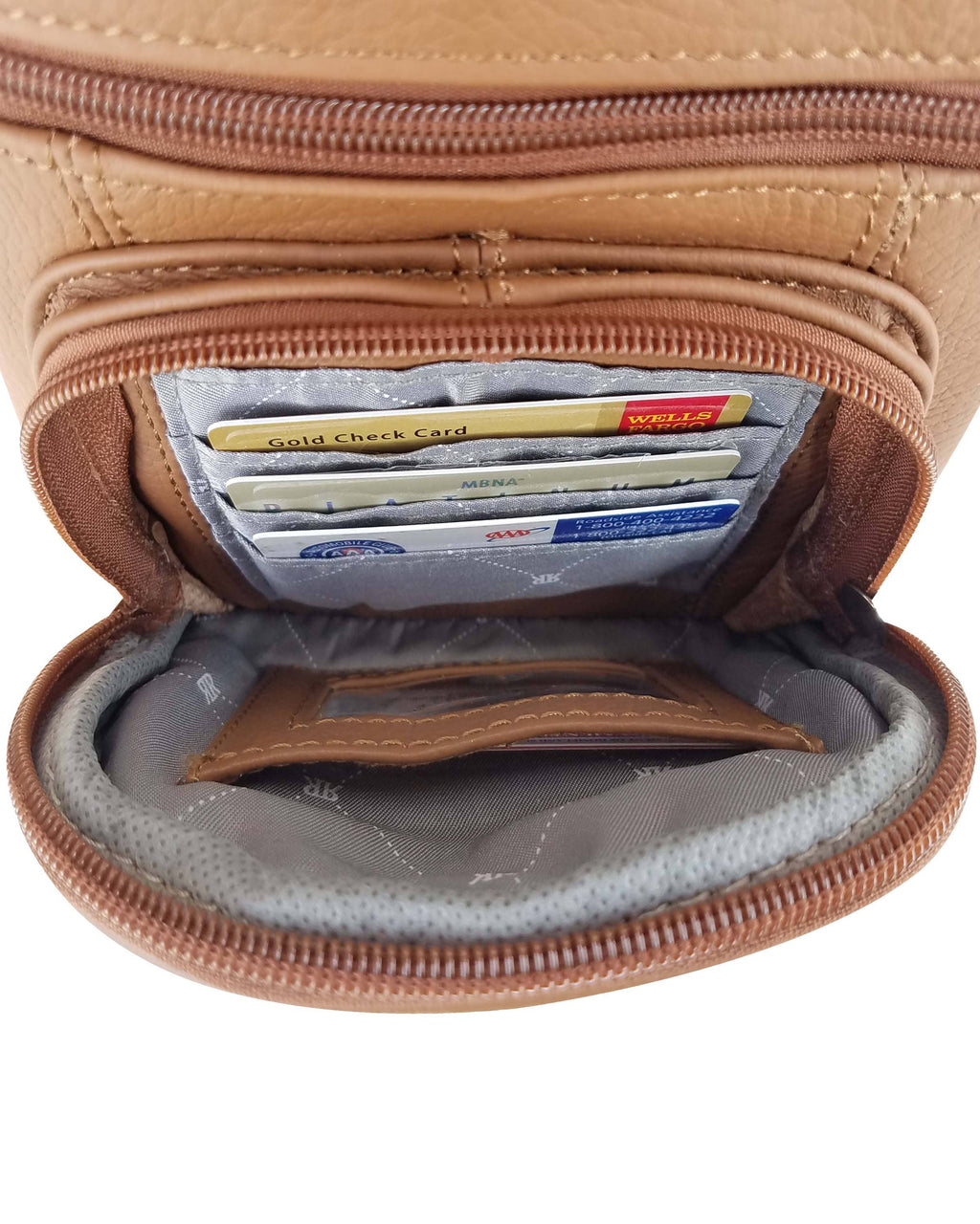 Brown leather wallet with card slots on a white background