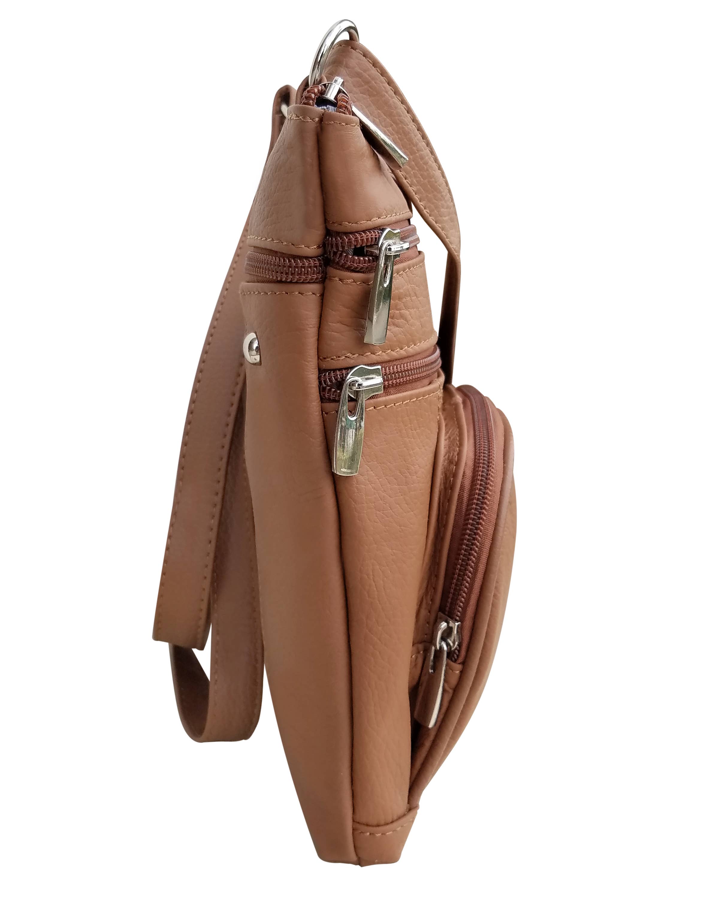 Light brown leather crossbody bag with multiple zippers side view on a white background