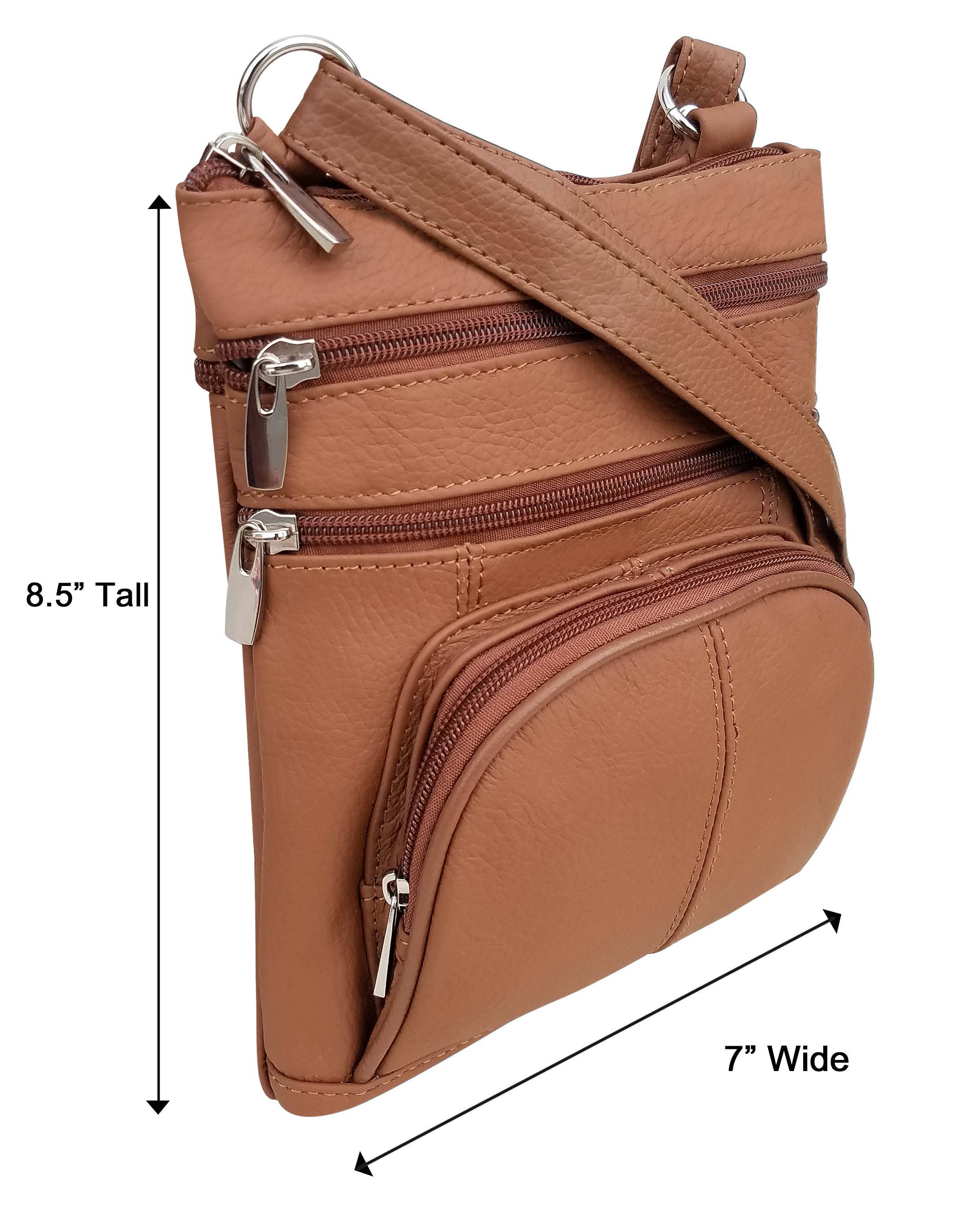Brown crossbody bag with measurements on a white background