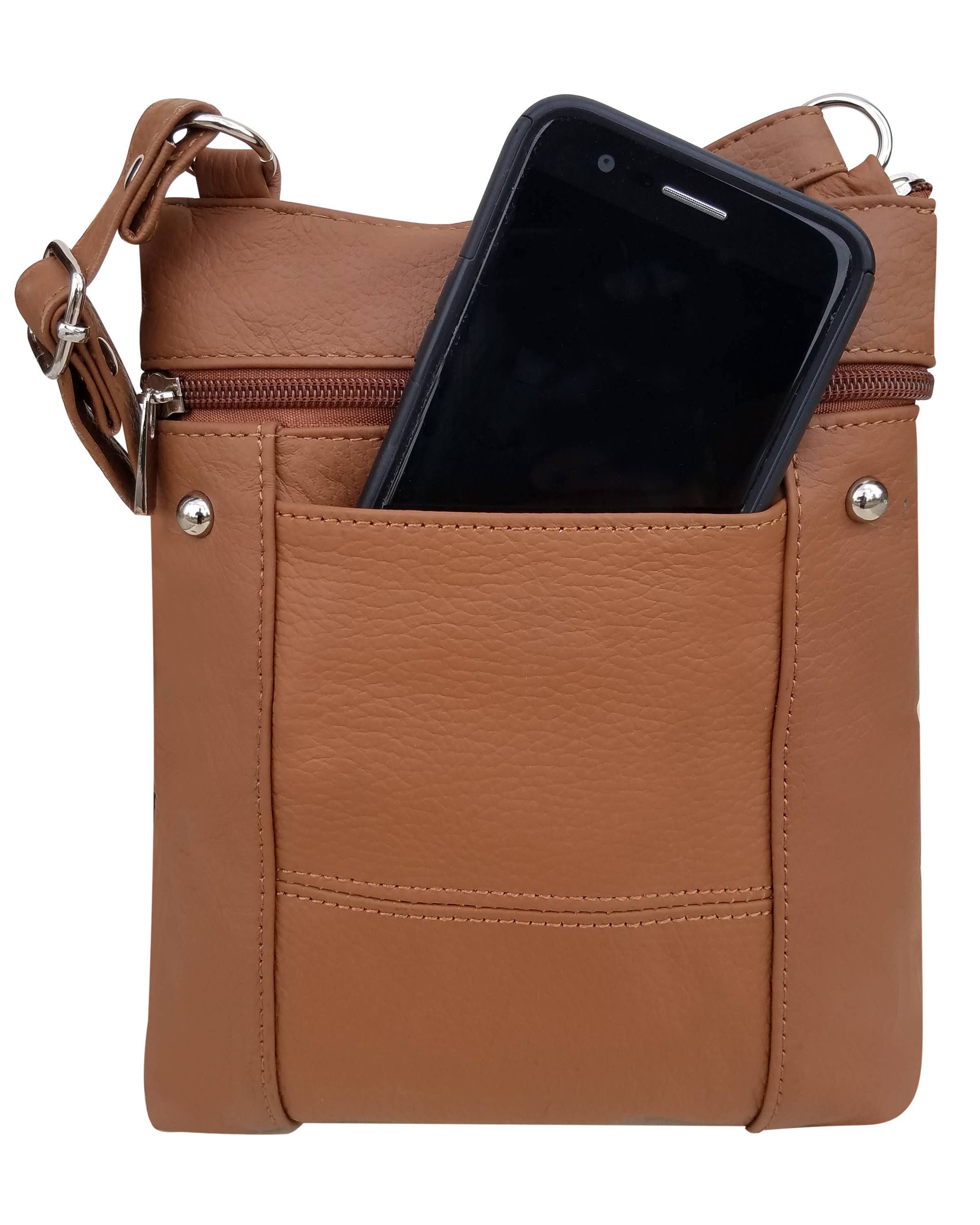 Brown leather crossbody bag with a phone in the pocket on a white background