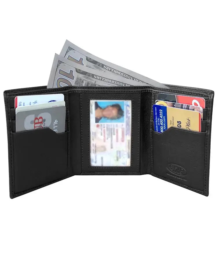 Black Leather wallet with cards and money with a white background