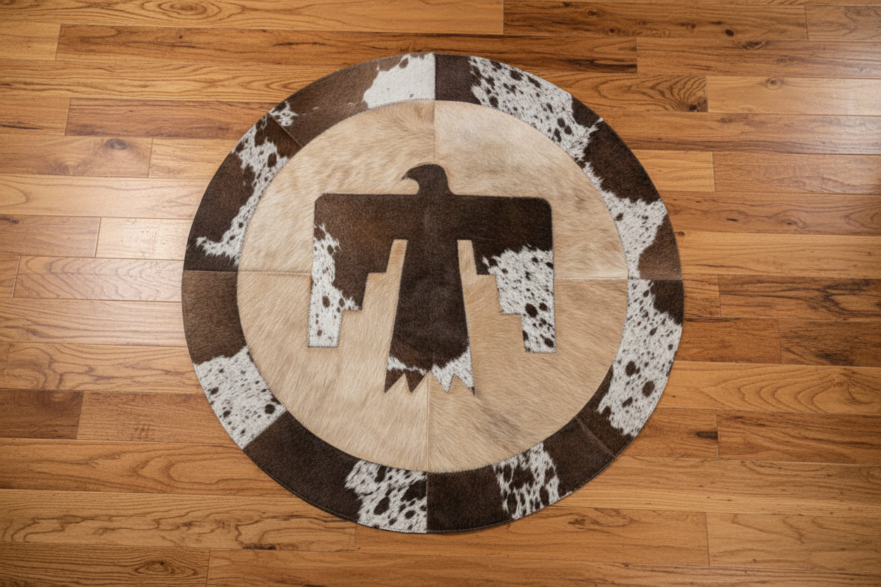 round patchwork cowhide rug on a wooden floor 