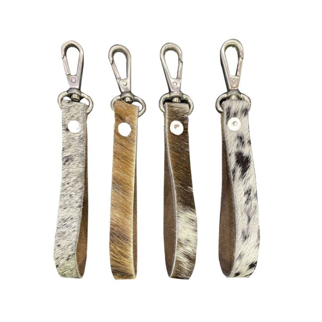 Four cowhide keychains with metal clips 