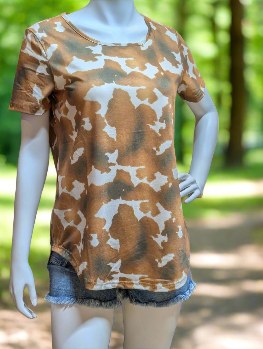 Comfortable and lightweight cowprint women’s tee for country chic or everyday wear