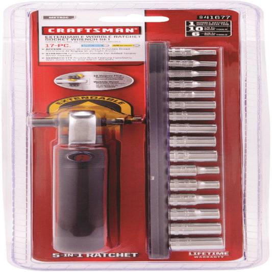 Craftsman 17-Pcs Extendable Wobble Ratchet Socket Wrench Set, 1/4" & 3/8" Drive,