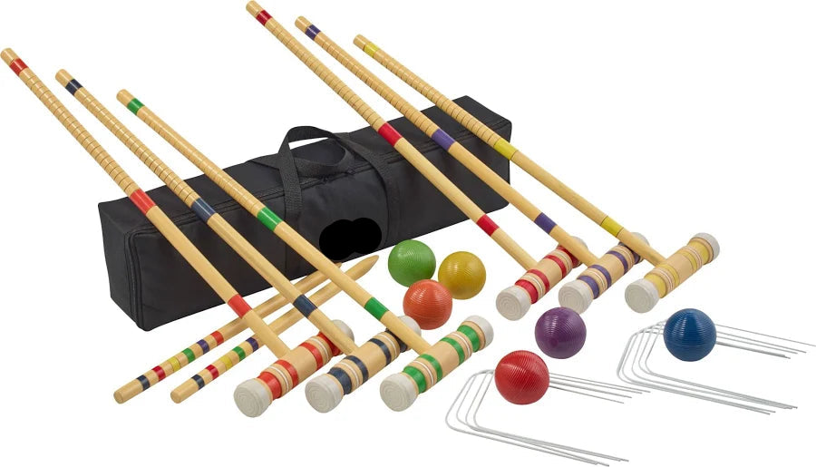 Croquet set with mallets, balls, and a carrying bag.