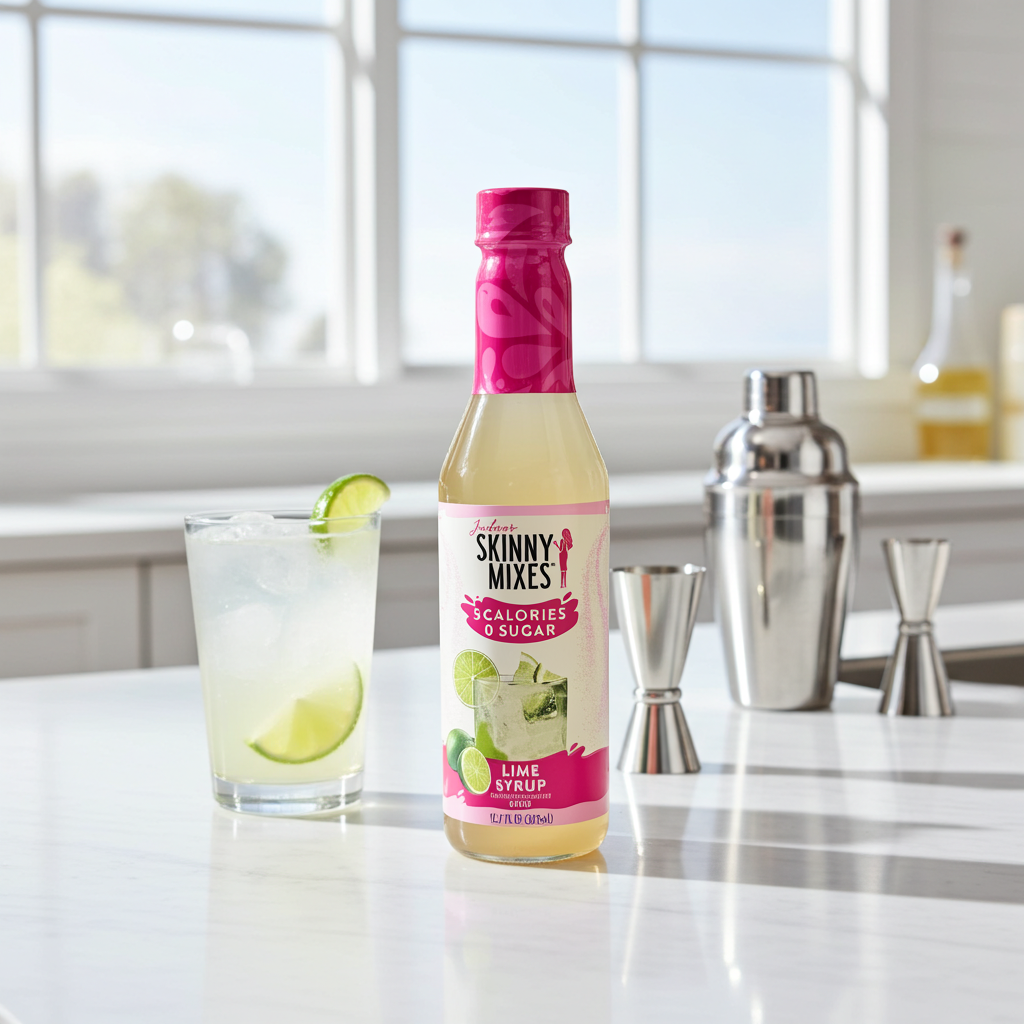 Jordan's Skinny Mixes Sugar Free Lime Syrup bottle on a kitchen counter next to a fresh cocktail mixer