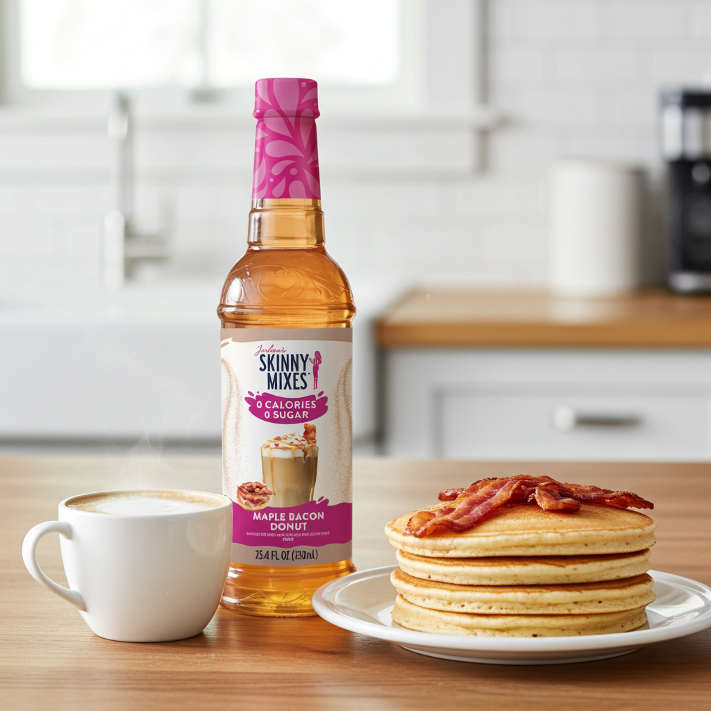 A bottle of Jordan's Skinny Mixes Sugar Free Maple Bacon Donut Syrup next to a steaming mug of coffee and a stack of pancakes topped with bacon.