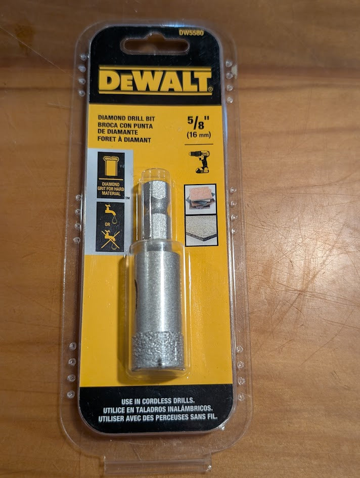 DeWalt diamond drill bit in packaging on a wooden surface
