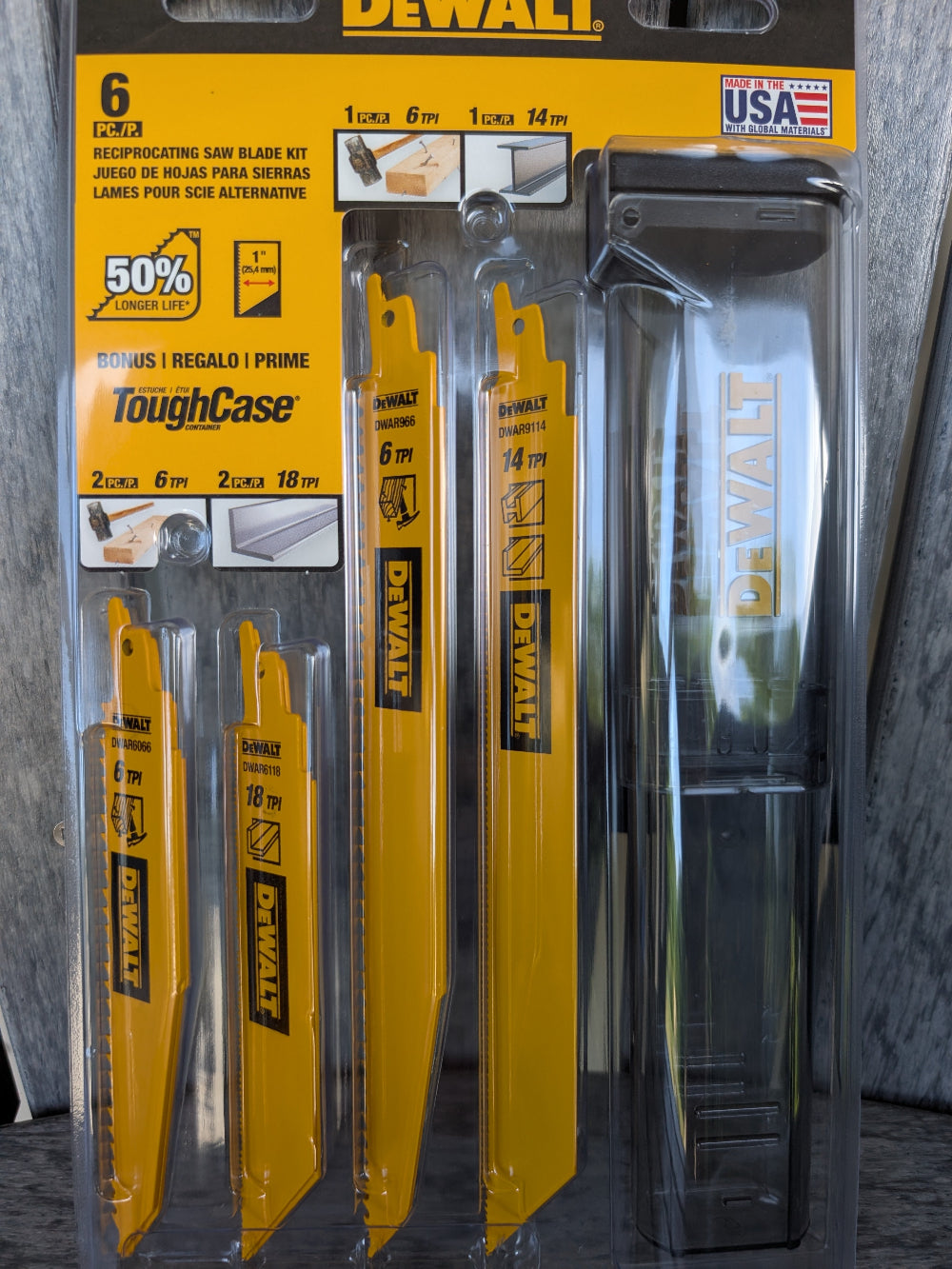 DEWALT 6-piece reciprocating saw blade kit in yellow and black case