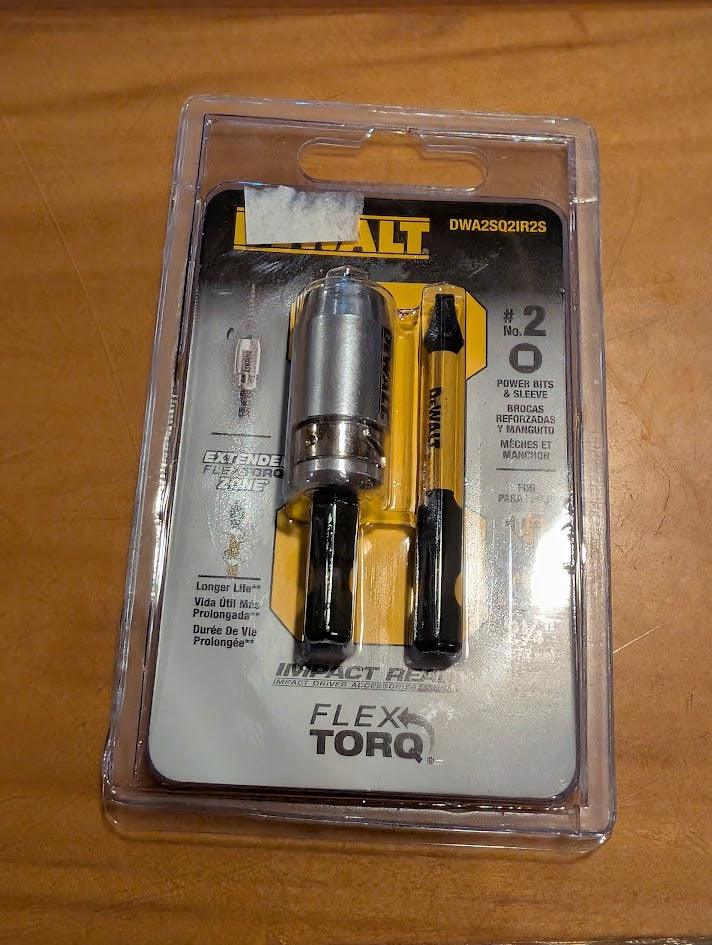DeWalt Flex Torq drill bit set in packaging on a wooden surface