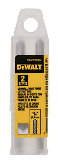 DeWalt drywall pilot point drill bit set in a clear plastic case with yellow label.