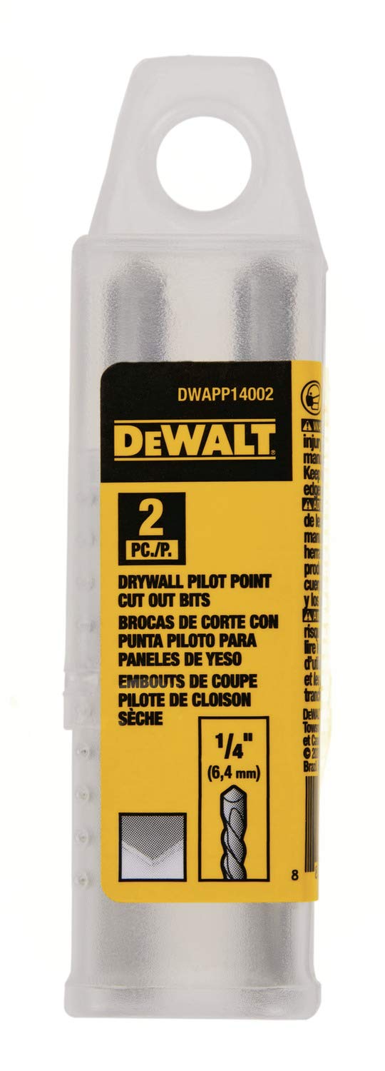 DeWalt drywall pilot point drill bit set in a clear plastic case with yellow label.