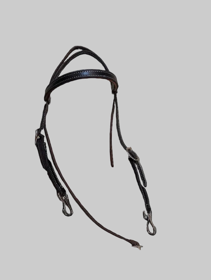 Dark oiled leather headstall with quick change snaps. 