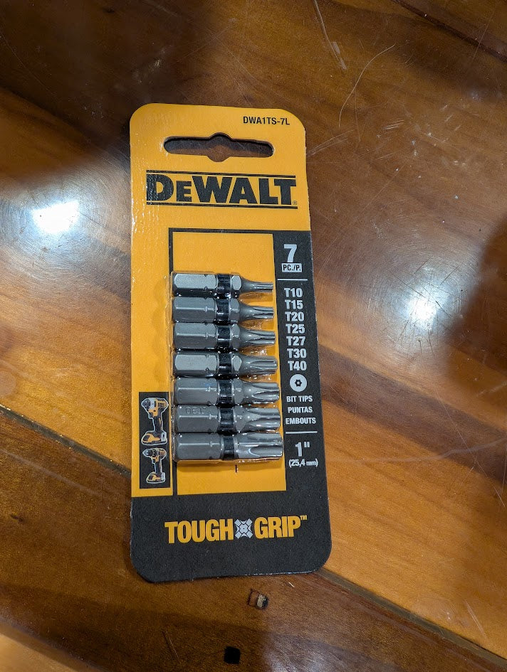 DeWalt drill bit set on a wooden surface