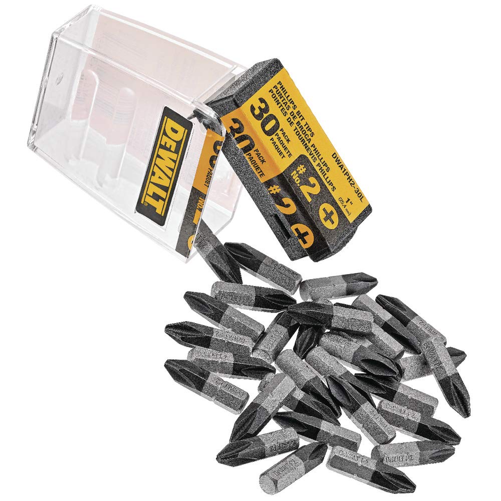 Set of DEWALT drill bits with a clear plastic container on a white background